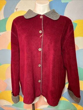 Vintage Chinawear Women's Burgundy Button-Front Sweater with Gray Trim sz 1x